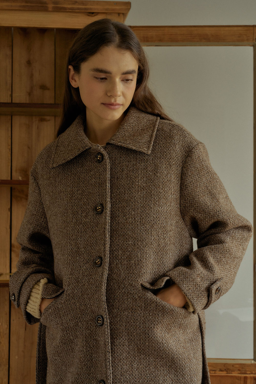 T Wool Padded Single Coat_Mix Brown