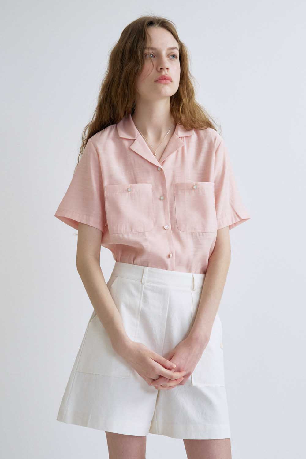 S Linen Open Collar Shirt_Pink