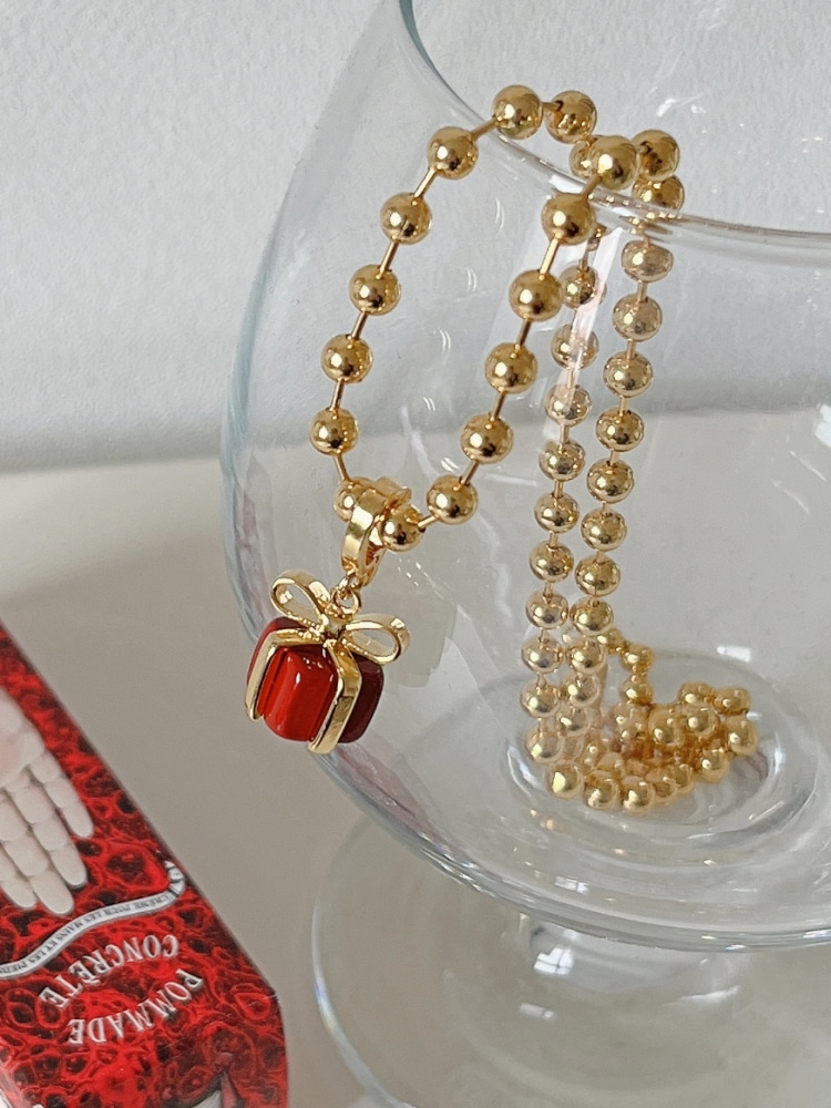 Gold Ribbon Red Gift Box Pendant Necklace