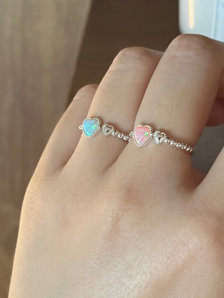 Silver 925 Ball Open Ring Heart Stone Opal Ring