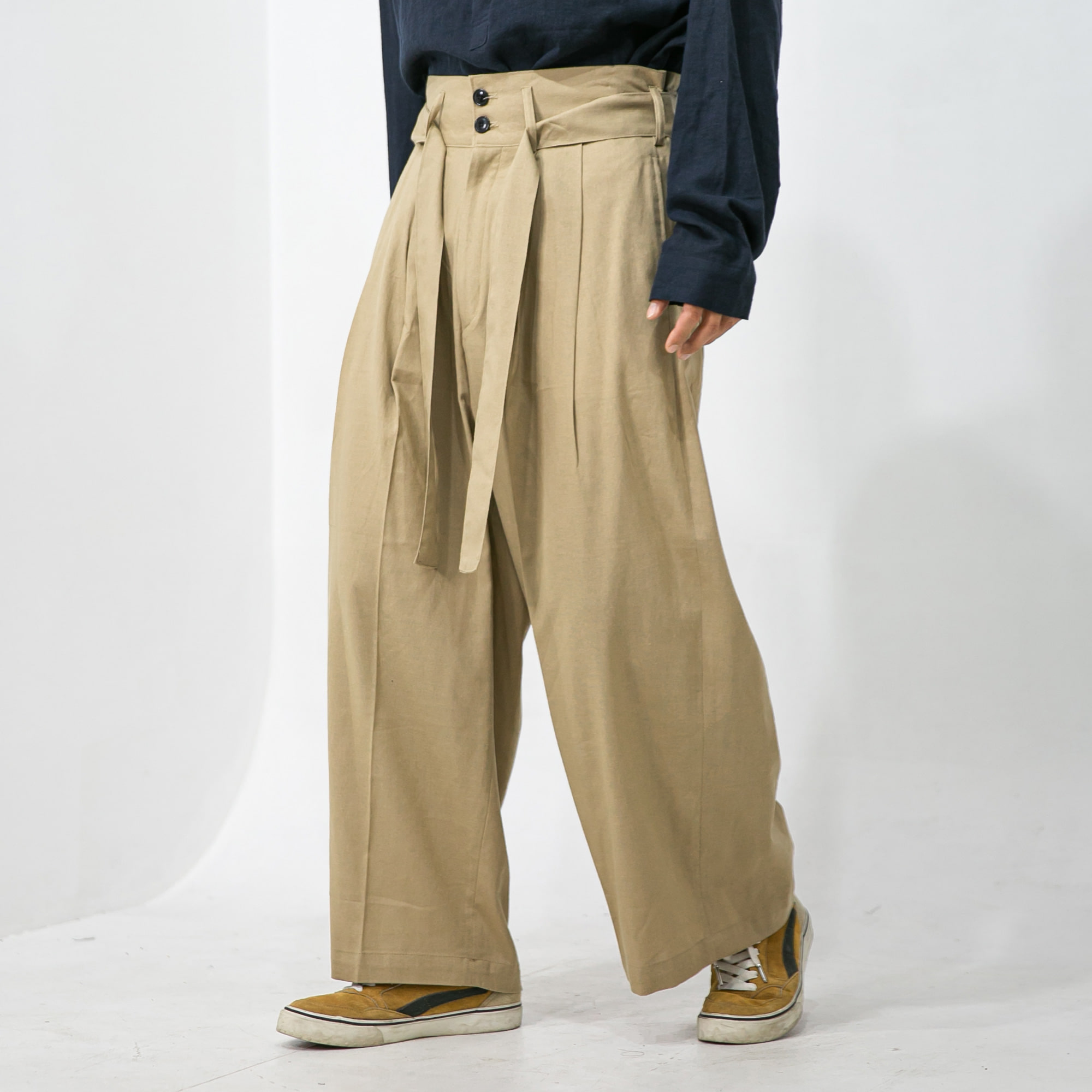 Linen Belt Wide Pants - Beige
