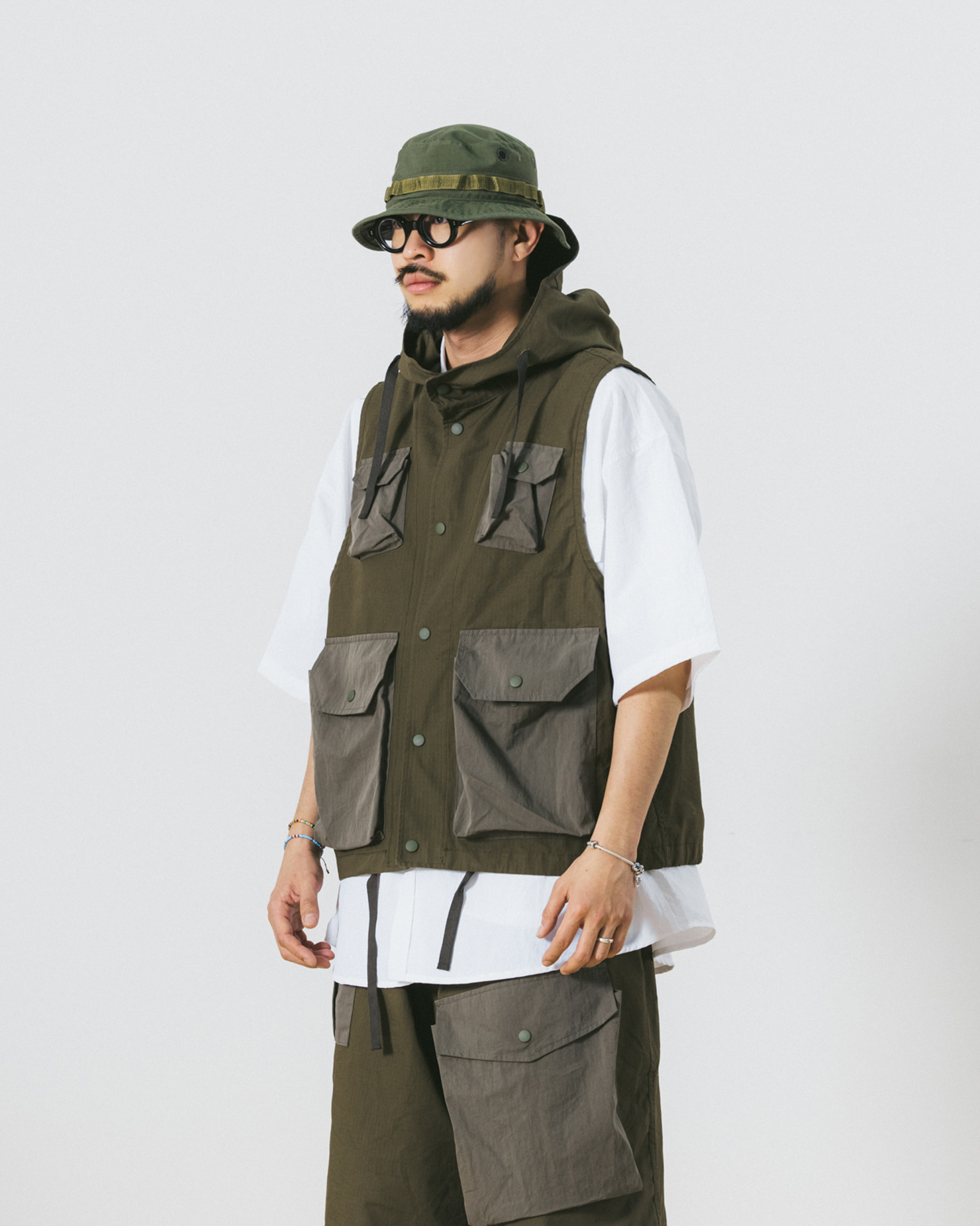 Rib Contrast Pocket Hoodie Vest - Khaki