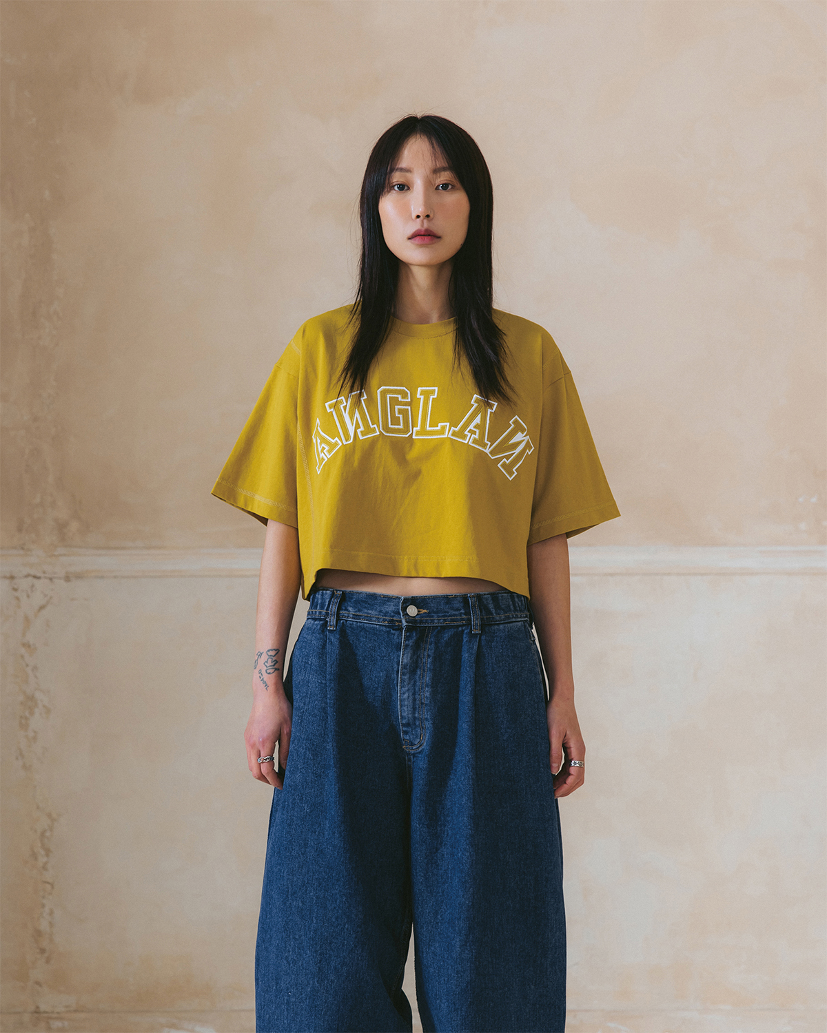 [AG.W] Applique Crop Half Tee - Mustard