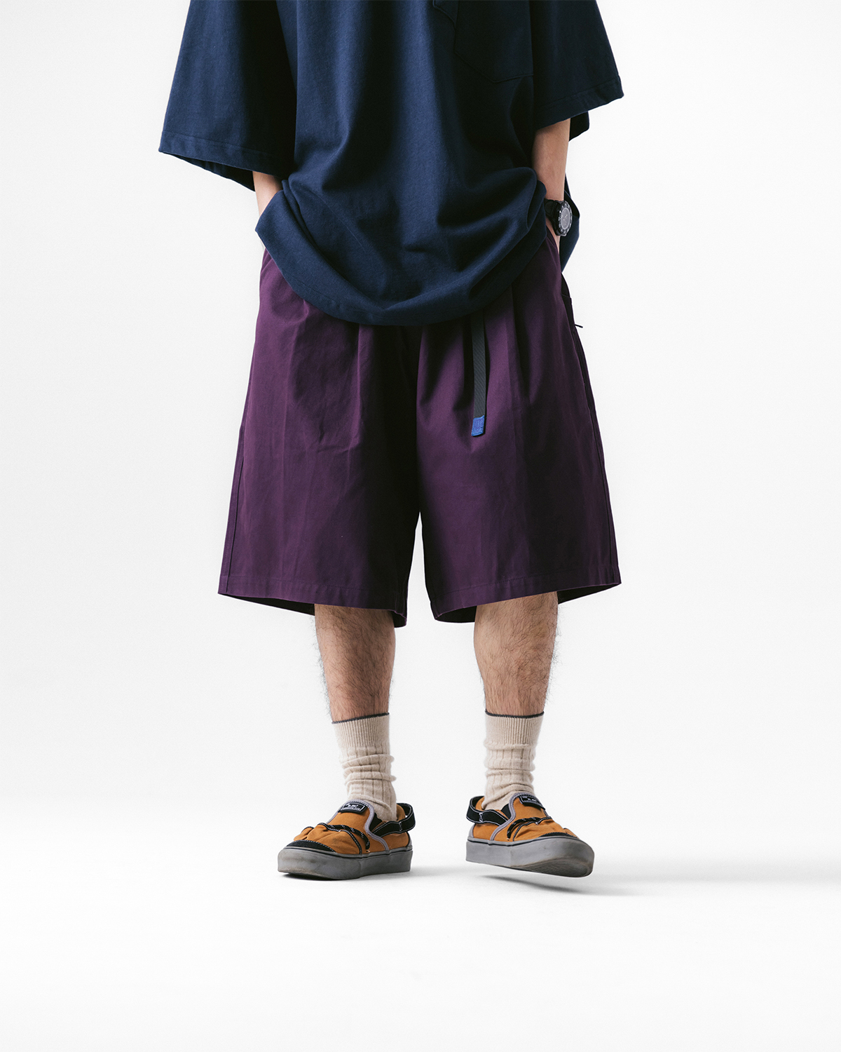 [AG] Twill Tuck Belt Wide Half Pants - Purple