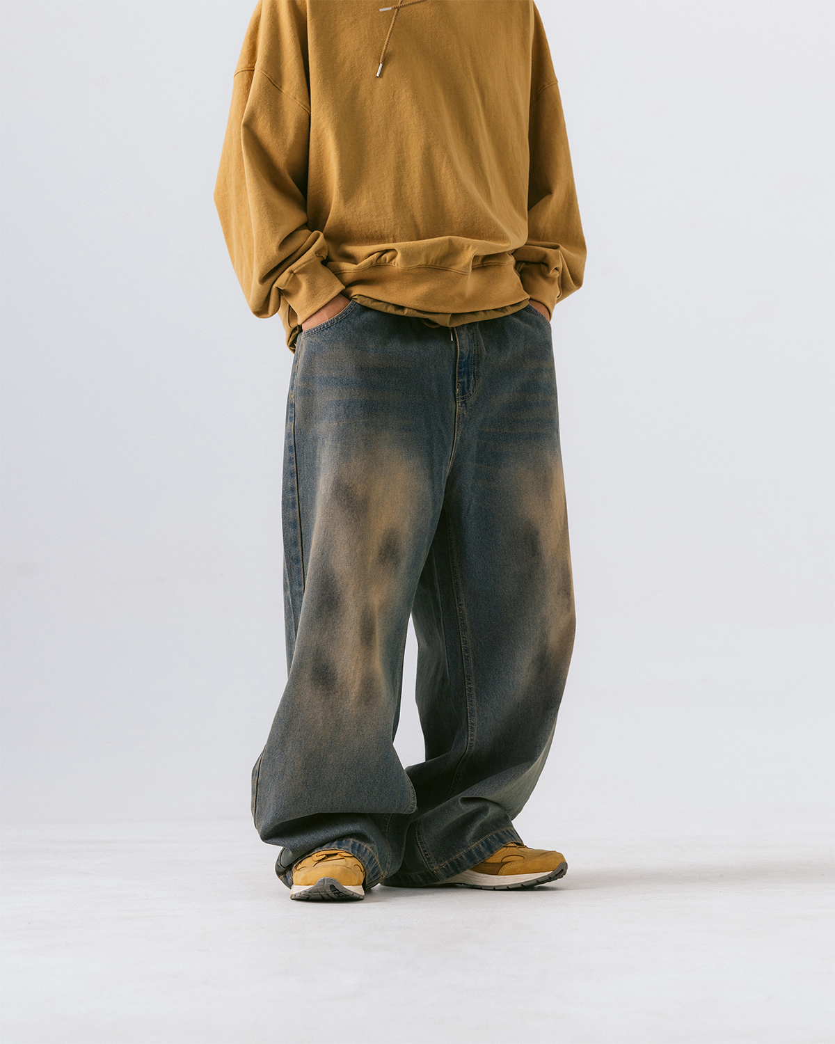 【ANGLAN】Vintage Washed Wide Denim Pants Dirty Washed Denim wide Pants - Vintage Blue - ANGLAN