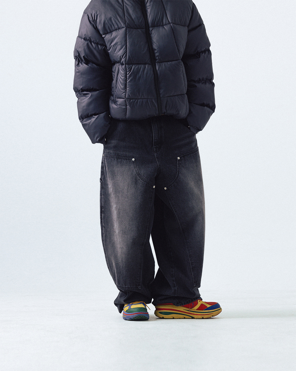 【ANGLAN】Brush Washed Double Knee Denim Pants Brush Washed Double Knee Denim Pants - Black Denim - ANGLAN