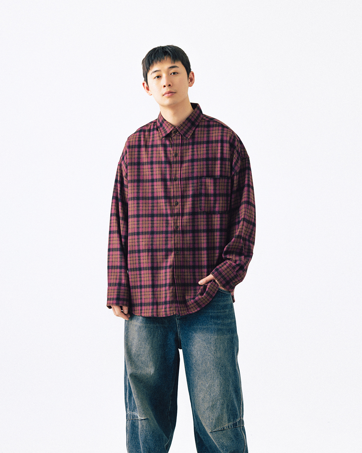 【ANGLAN】Oversized Pocket Check Shirt Oversized Pocket Check Shirt - Wine - ANGLAN