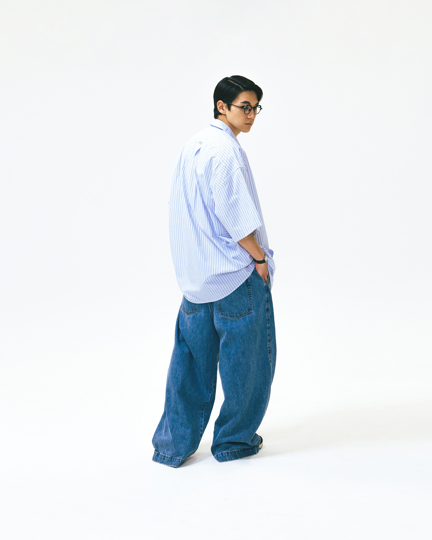 AG] Wide Curved Denim Pants - Washed Blue - ANGLAN