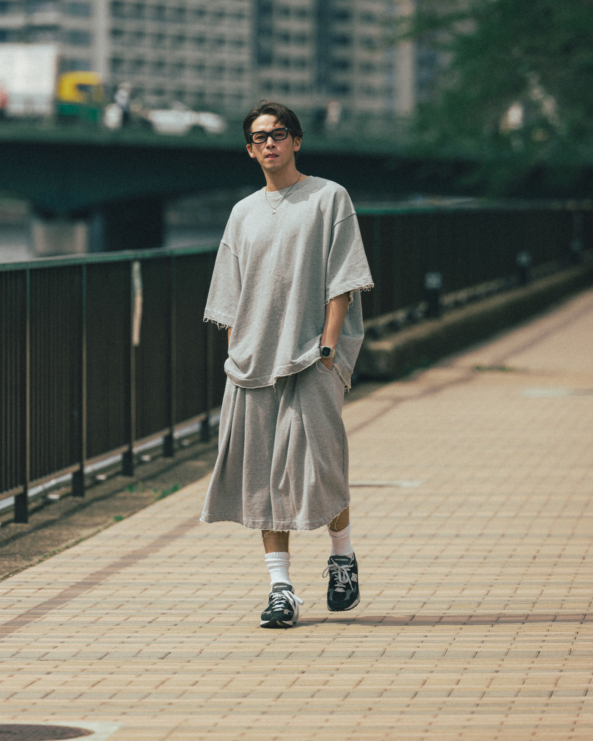 【ANGLAN】25SS★ [AG] Valley Tuck Sweat Half Pants AG] Valley Tuck Sweat Half Pants - Melange Grey - ANGLAN