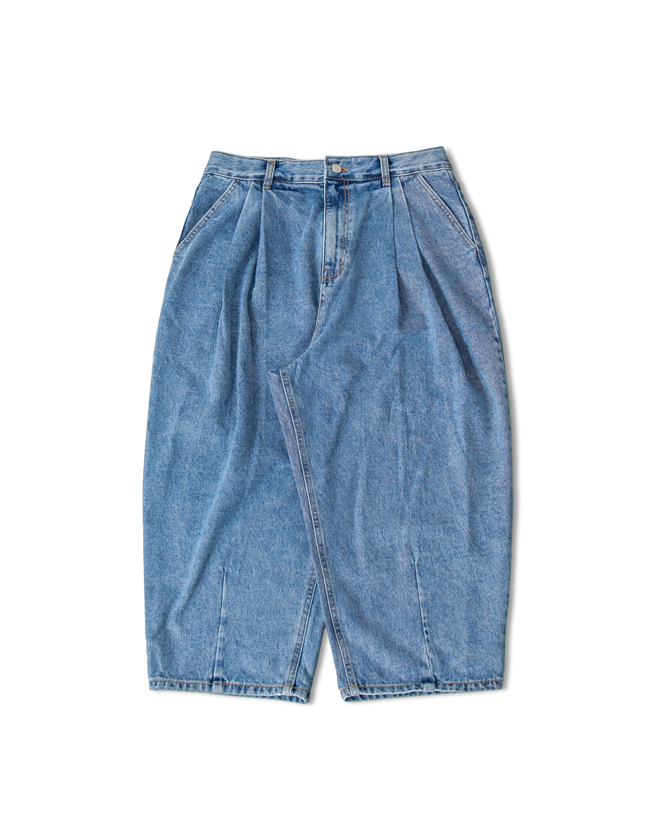 Two-Tuck Washed Denim Balloon Pants - Blue