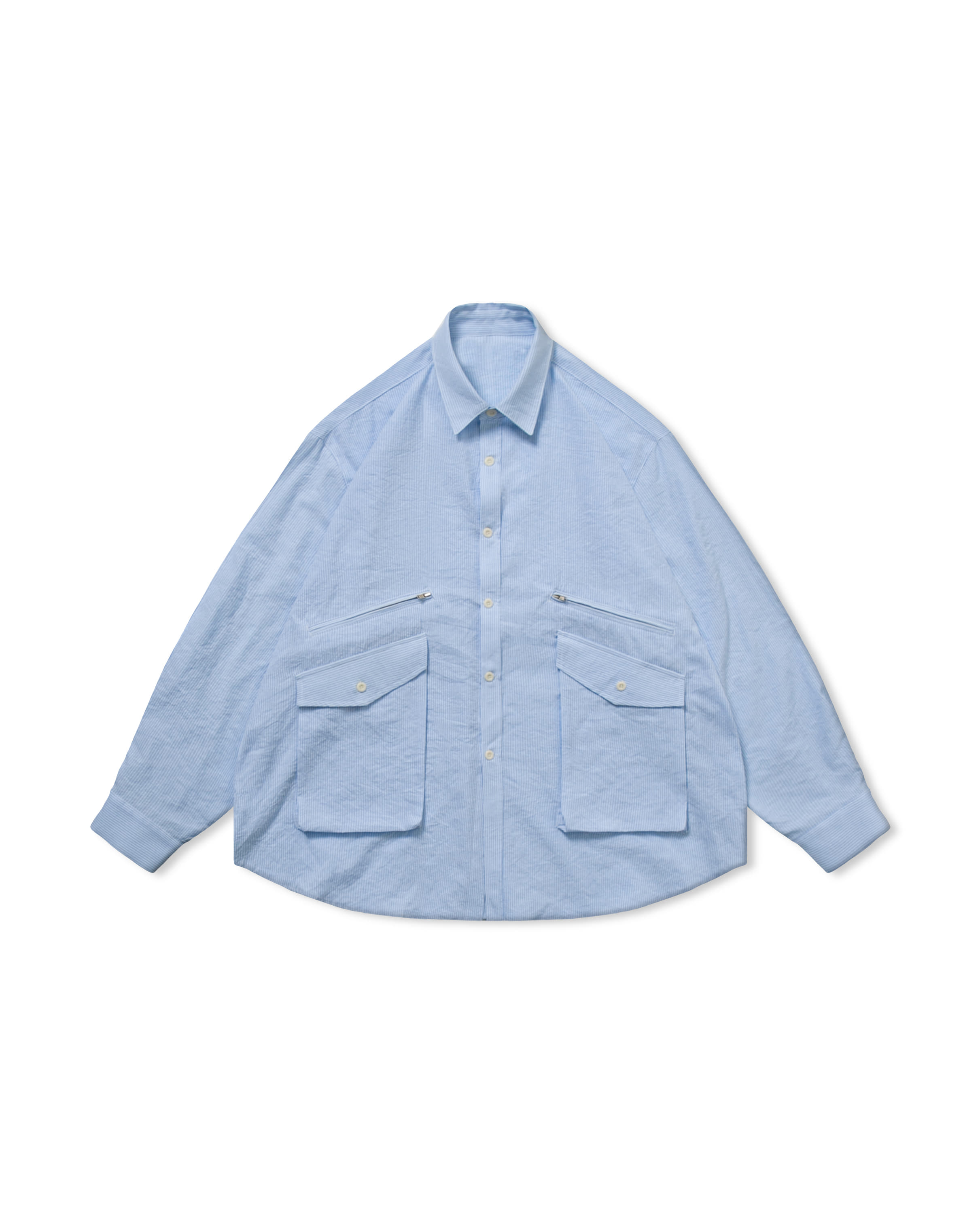 Linen Stripe Oblique Pocket Shirt - Blue