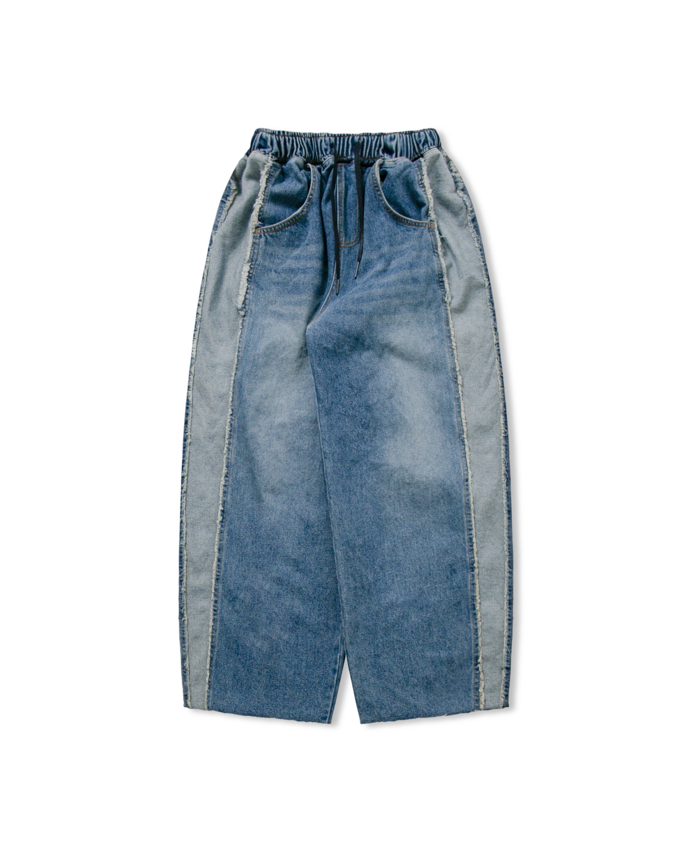 Side Cutting Wide Denim Pants - Blue Denim