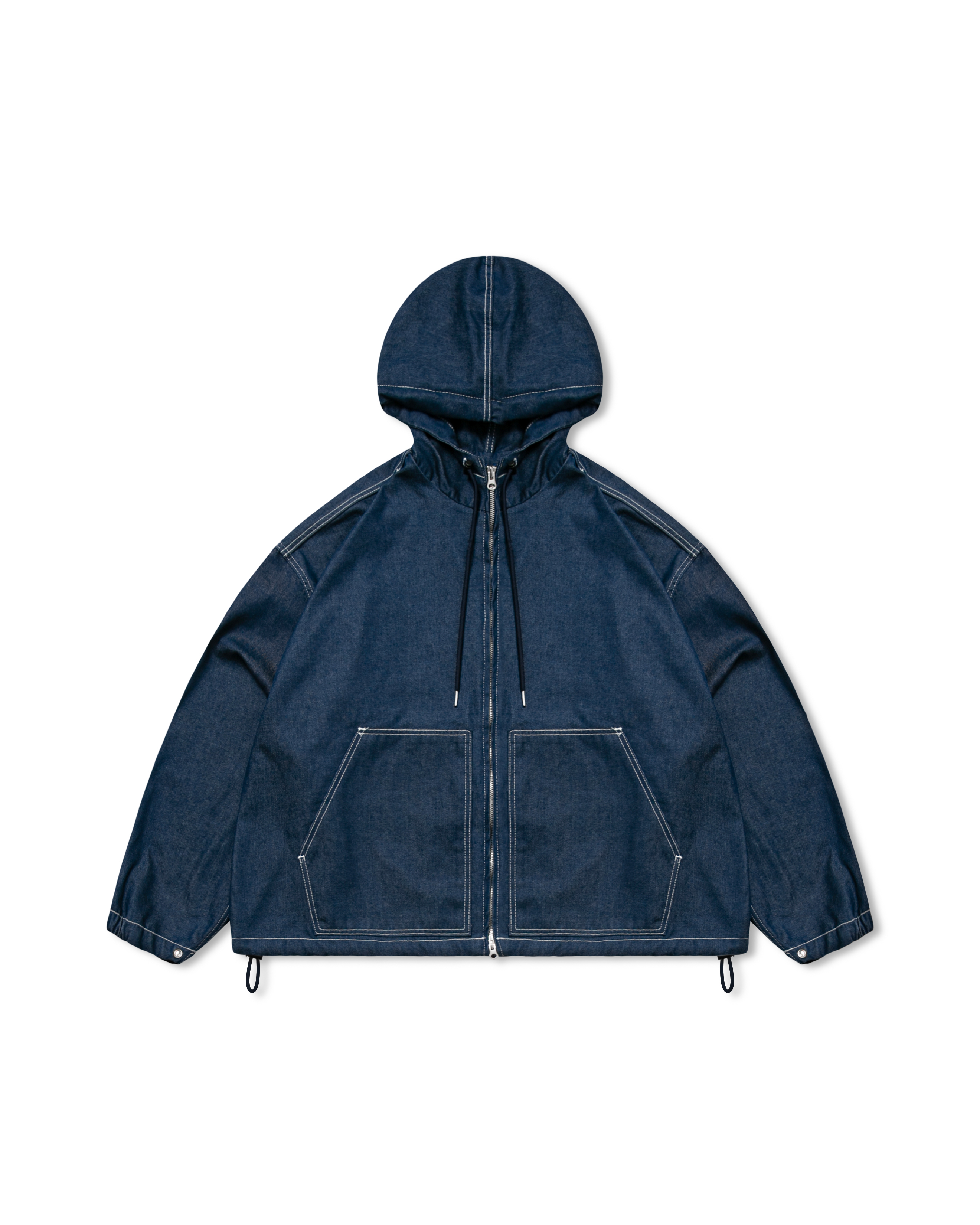 Nonfade Stitch Pocket Denim Hoodie Jacket - Blue Denim