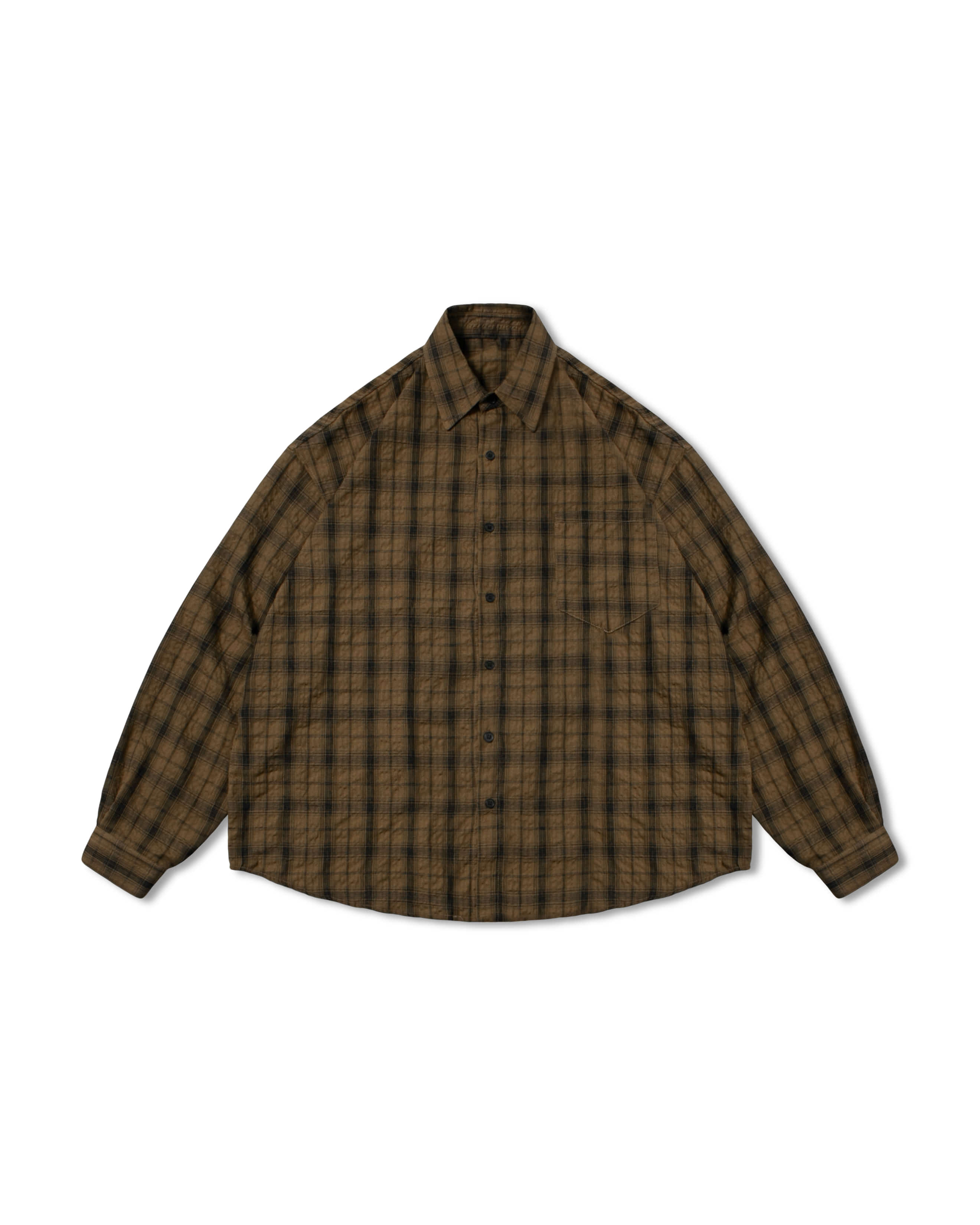 Seersucker Crinkle Check Shirt - Brown