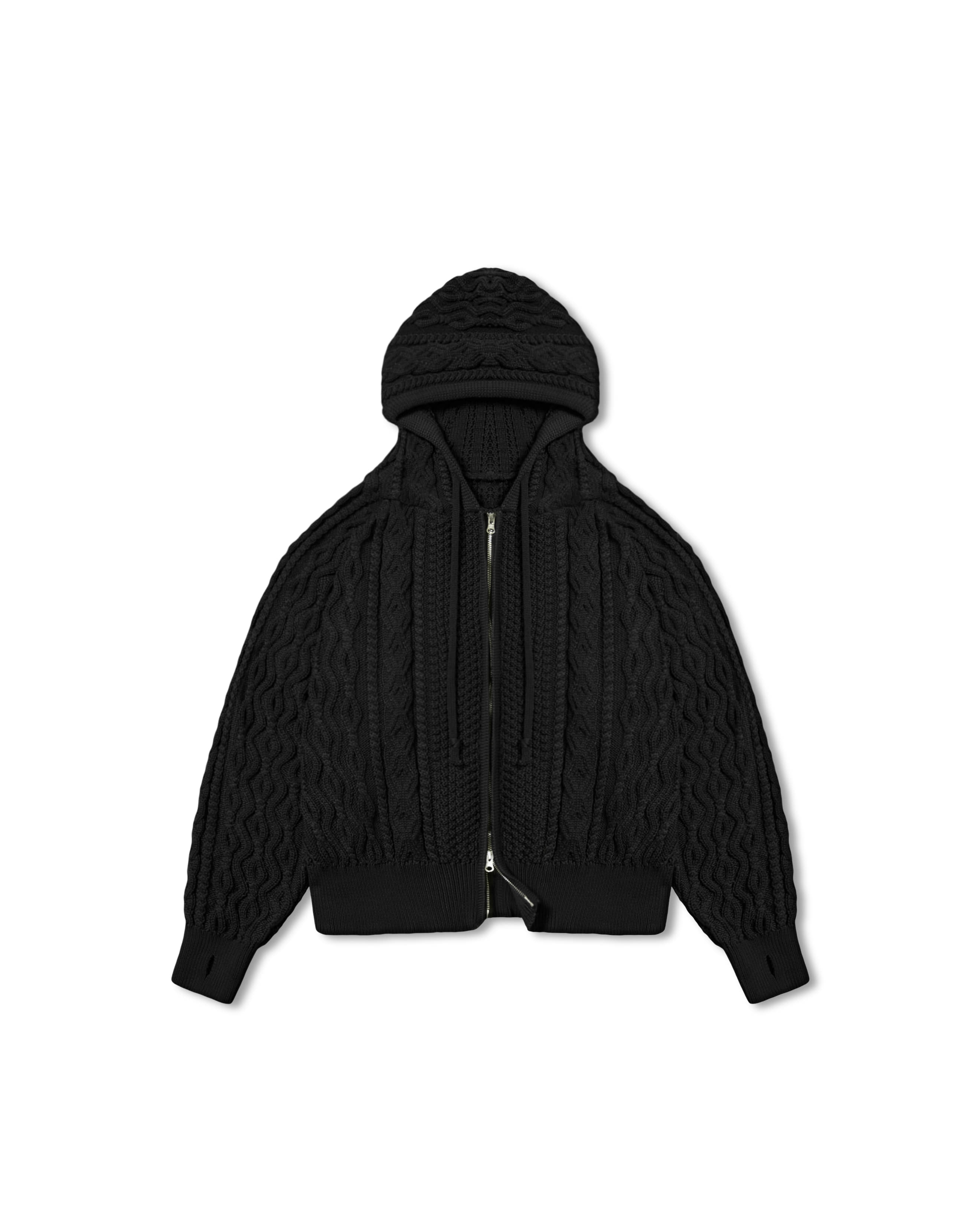 Cable Knit Hoodie Zip up - Black