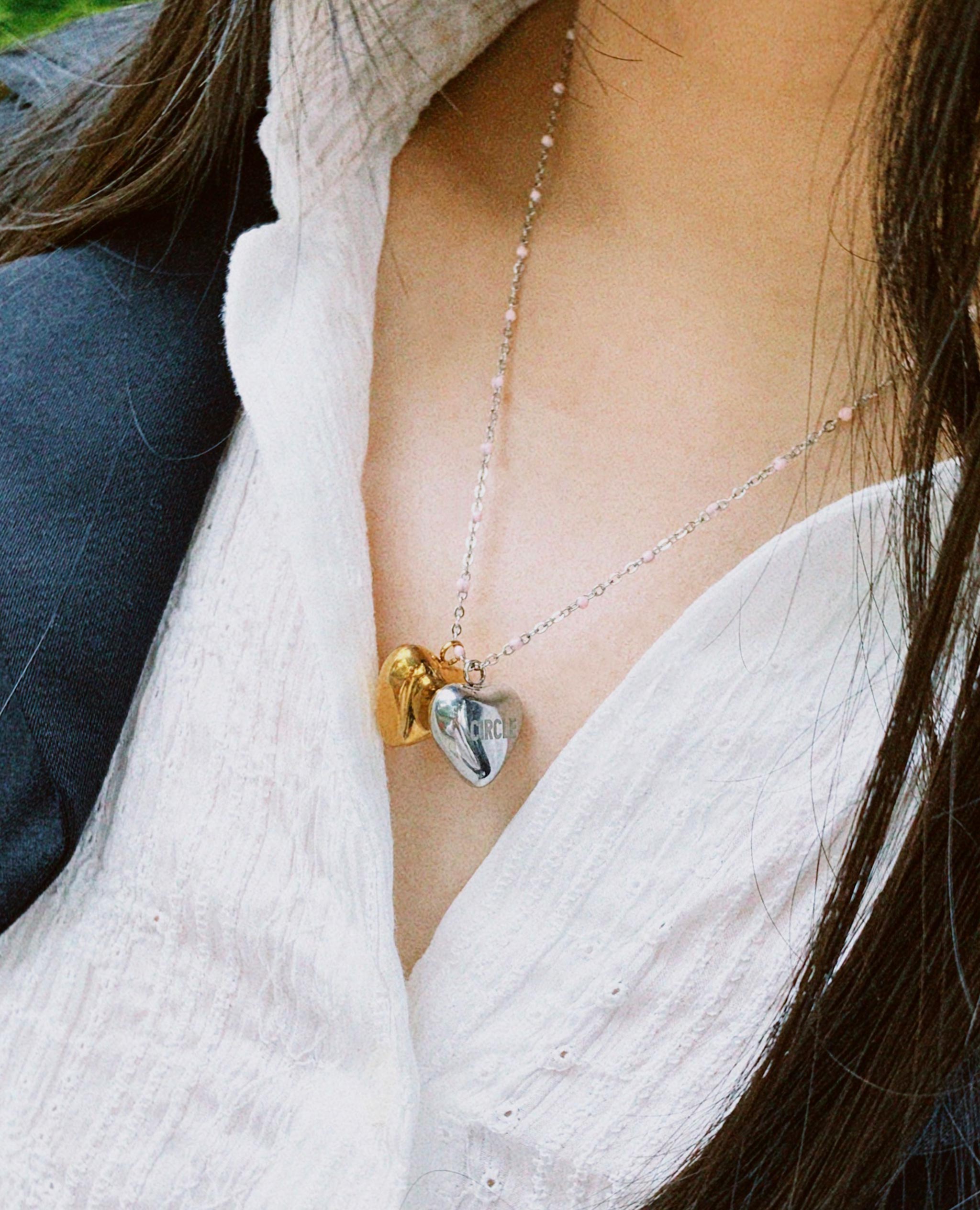 circle necklace, heart pendant, pink epoxy