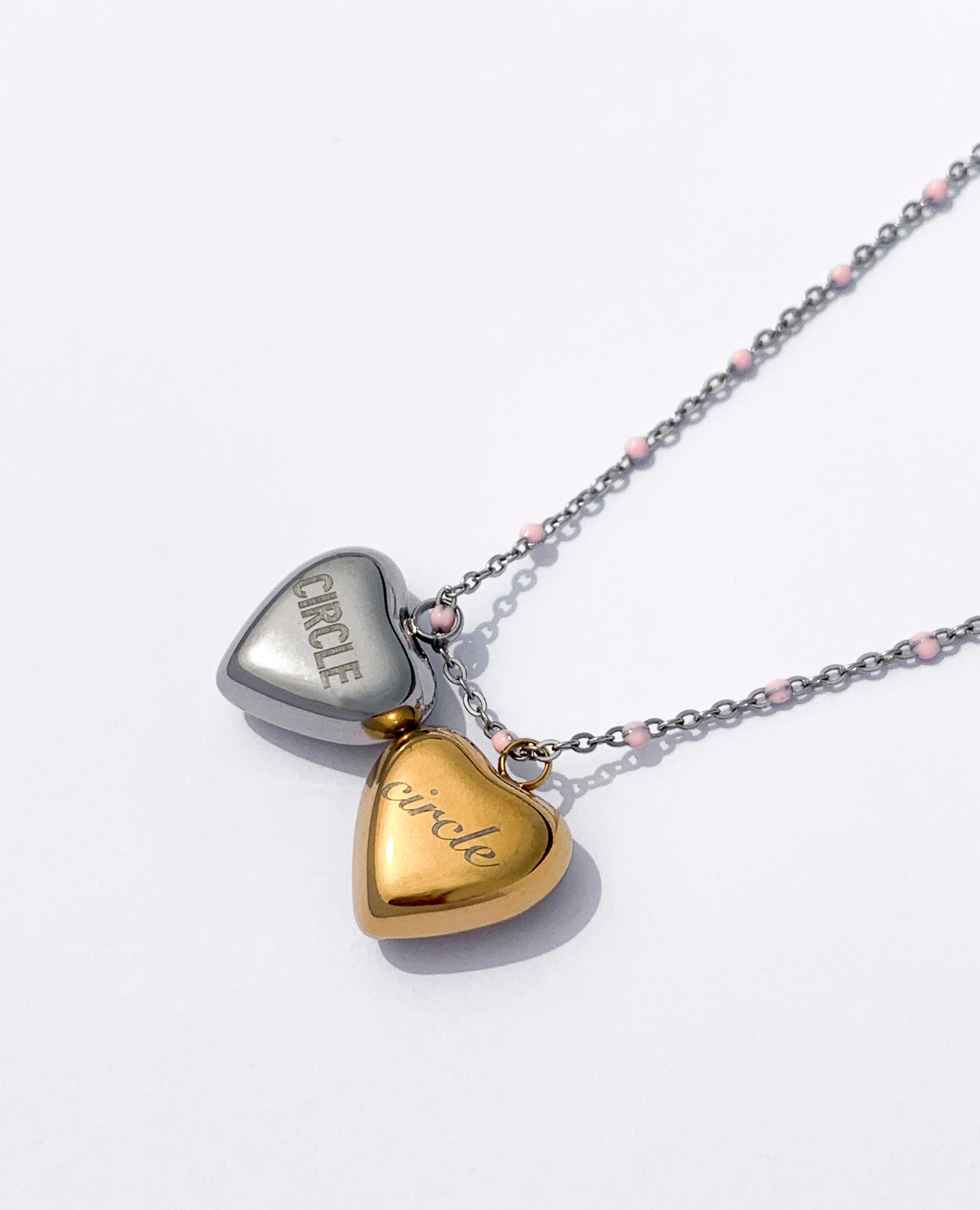 circle necklace, heart pendant, pink epoxy