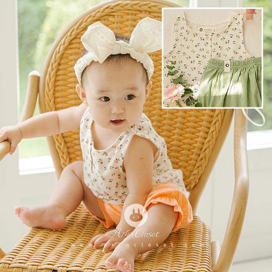 [2차제작] 쪼꼬미의 스위티한 자몽이랑 라임 :) , 홈웨어 - mint green / orange flower cotton baby sleeveless shirt and bloomer set