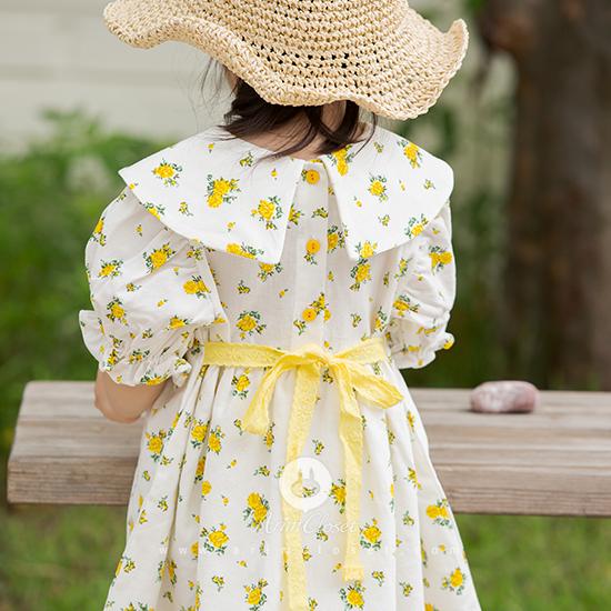 [7차제작] 유채꽃밭에서 쪼꼬미의 작은 손잡고서.. - cute yellow flower lace ribbon linen + cotton baby dress