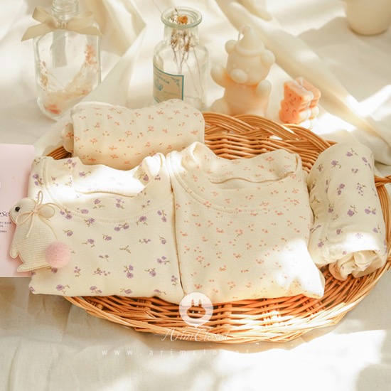 쪼꼬미는 달라~소프트 귀염 실내복, 흩날리는 꽃들이야기 - pink flower or violet flower soft cotton baby homewear set