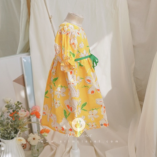 밝은 햇살 보다 더 눈부신 귀여운 쪼꼬미라죠 - green ribbon point flower baby cotton yellow dress