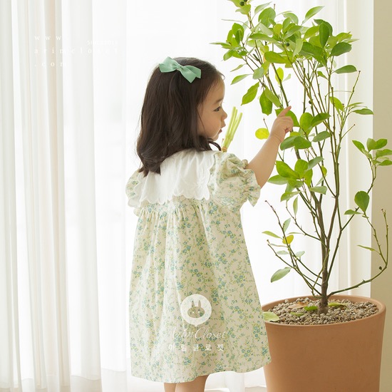 [5차제작] 쪼꼬미가 좋아하는 클로버 가득한 꽃밭에서 :) - lovely green flower sailor point baby cotton dress