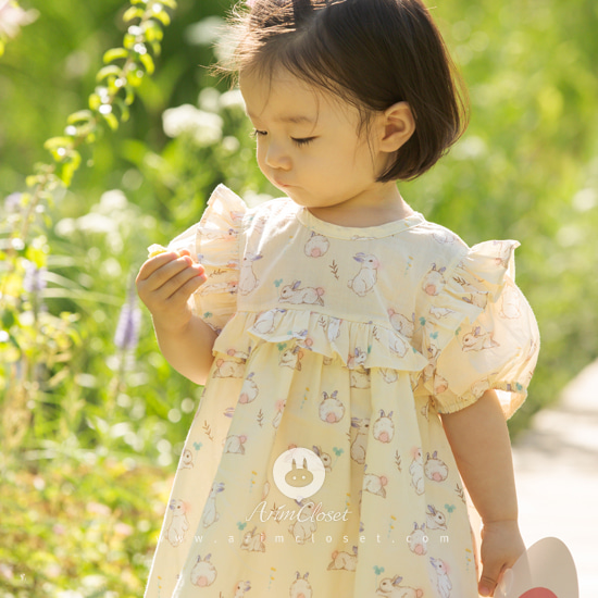 [5차제작중] 귀여운 토끼도 귀여운 쪼꼬미를 너무 좋아해 :) - light yellow pink ribbon cute bunny cotton baby dress