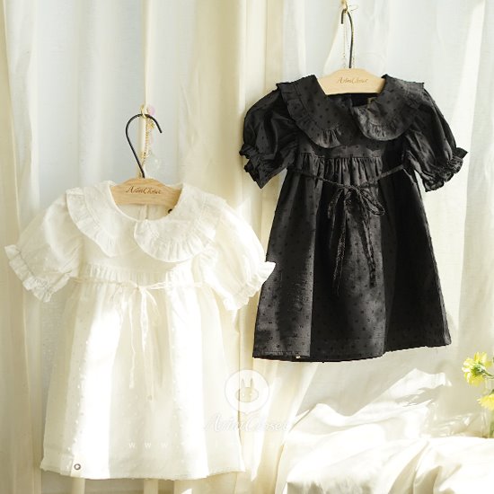 쪼꼬미의 낭만적인 브런치타임 :) - pure white / black lace ribbon cotton pure ribbon dress (couple item with mom)
