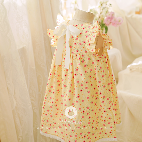 병아리 소풍가는 곳에 어여쁜 꽃들도 방긋 :) - red flower cute yellow white ribbon baby cotton dress