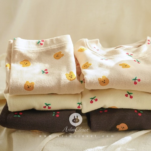 쪼꼬미는 달라~귀염 실내복, 체리를 좋아하는 곰돌이 셋 - beige, drak gray, cream bear+cherry cotton baby homewear set
