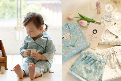 [Sale] 쪼꼬미는 호캉스 떠나요 ㅎㅎ - light blue &amp; white flower cotton pajamas set