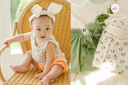 [2차제작] 쪼꼬미의 스위티한 자몽이랑 라임 :) , 홈웨어 - mint green / orange flower cotton baby sleeveless shirt and bloomer set