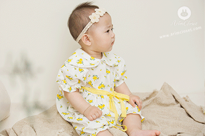[2차제작] 유채꽃밭에서 우리 아가의 작은 손잡고서..- cute yellow flower lace ribbon linen + cotton baby bodysuit