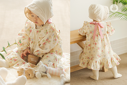 향기로운 쪼꼬미에게 나비가 다가온 순간 - cream and flower double gauze, pink ribbon cotton baby dress