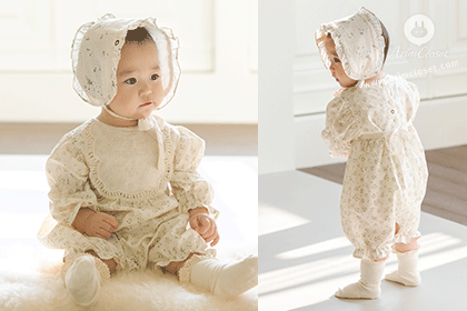 아침에 햇살이랑 마주하고 눈웃음 짓는 우리아가 - cream color pure design lace point cotton baby bodysuit