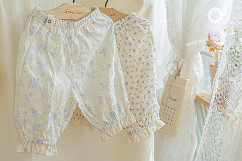 [2차제작] 예쁜 향기로 만든 쪼꼬미의 귀여운 바지래요 :) - so cute light blue,  violet flower lace point cotton baby pants