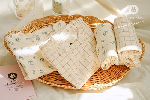 쪼꼬미는 달라~귀염 실내복, 네모와 푸른 꽃이야기 - beige line check or blue floser cotton baby homewear set