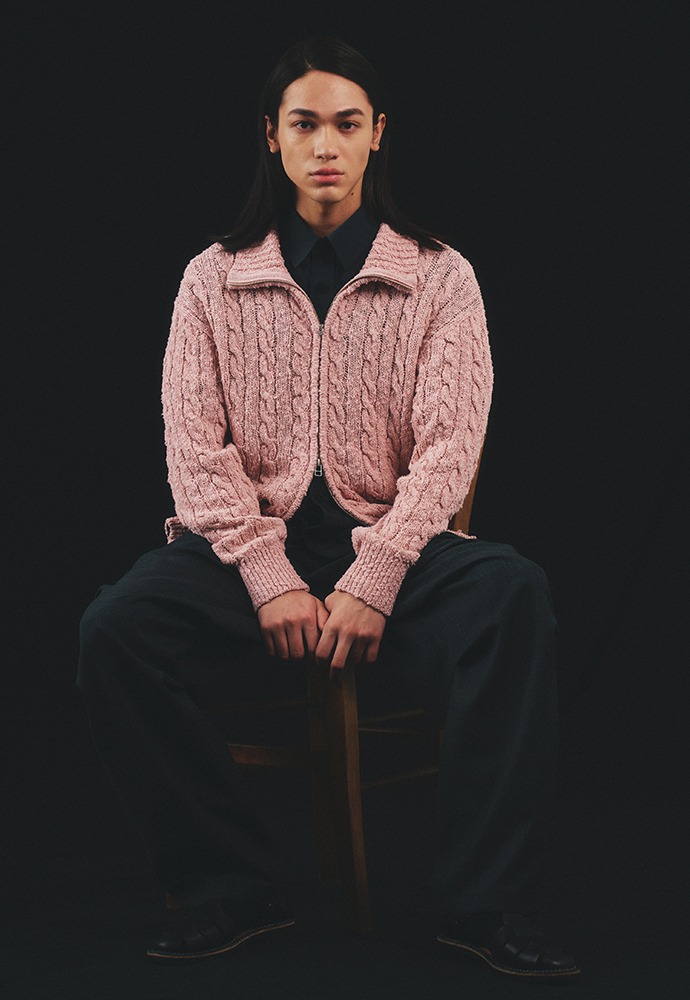 Boucle Cable-knit Zip-up_ Down Pink