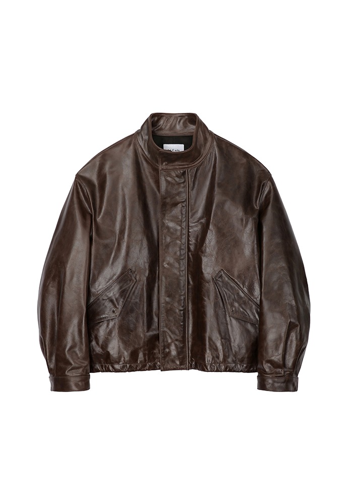High Neck Collar Leather Jacket_ Brown