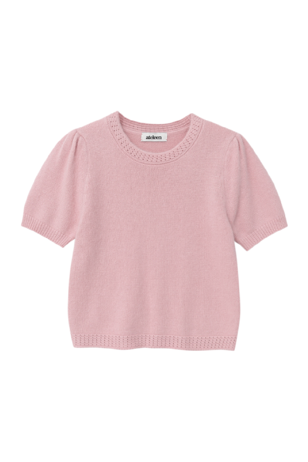 Lace Trimmed Puff Sleeve Knit Top (Pink)