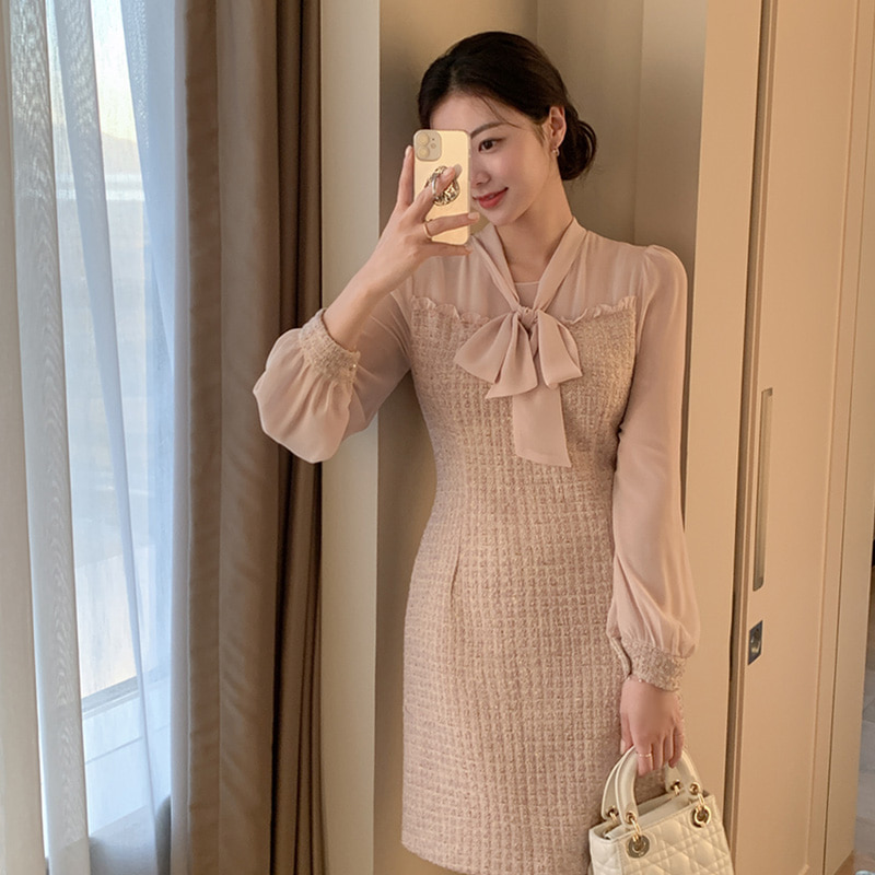 attrangs lace tweed dress (Mini & Long / Romantic ) 2-Length Pentagon Neck Pearl Button Tweed Dress  op16222