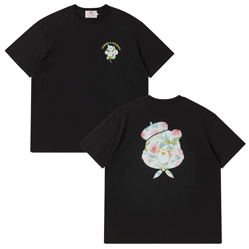 플로럴 케어베어 오버핏 반팔 티셔츠 블랙