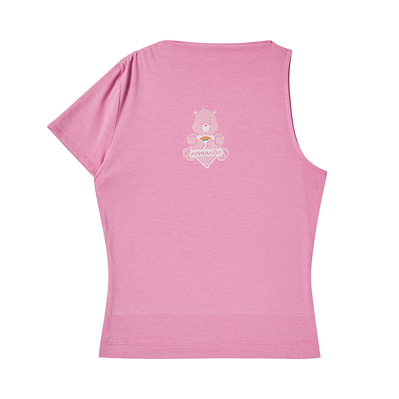 [WOMEN&#039;S EDITION] 노맨틱 케어베어 언발란스 드레이핑 저지 탑 티셔츠 핑크