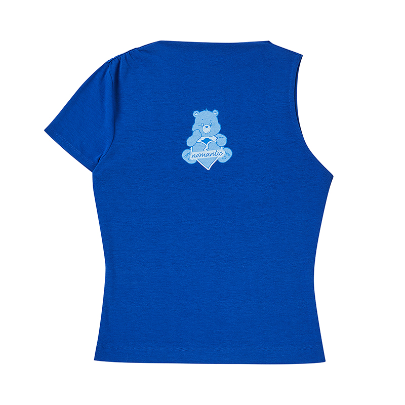 [WOMEN&#039;S EDITION] 노맨틱 케어베어 언발란스 드레이핑 저지 탑 티셔츠 블루