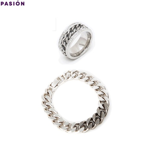 PASION Two Tone Chain Bracelet + Surgical Metalic Chain Ring Set 2items