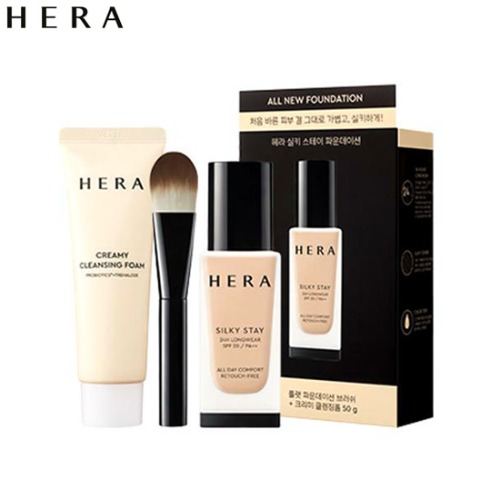 HERA Silky Stay 24H Longwear Foundation with Brush &amp; Cleansing Foam Set 3items