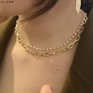 LILSOM Chain Pearl Layered Choker Bold Necklace 1ea