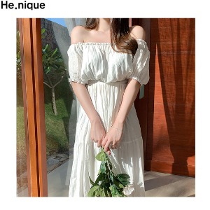 HE.NIQUE Innocent Recipe Short Sleeve Off Shoulder Banding Summer Long Dress (White) 1ea