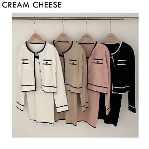 CREAM CHEESE Standing Tweed Knit Crop Cardigan + One Piece Set 2items