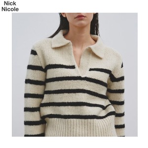 NICK NICOLE Mild Open Collar Stripe Sweater_Light Beige 1ea